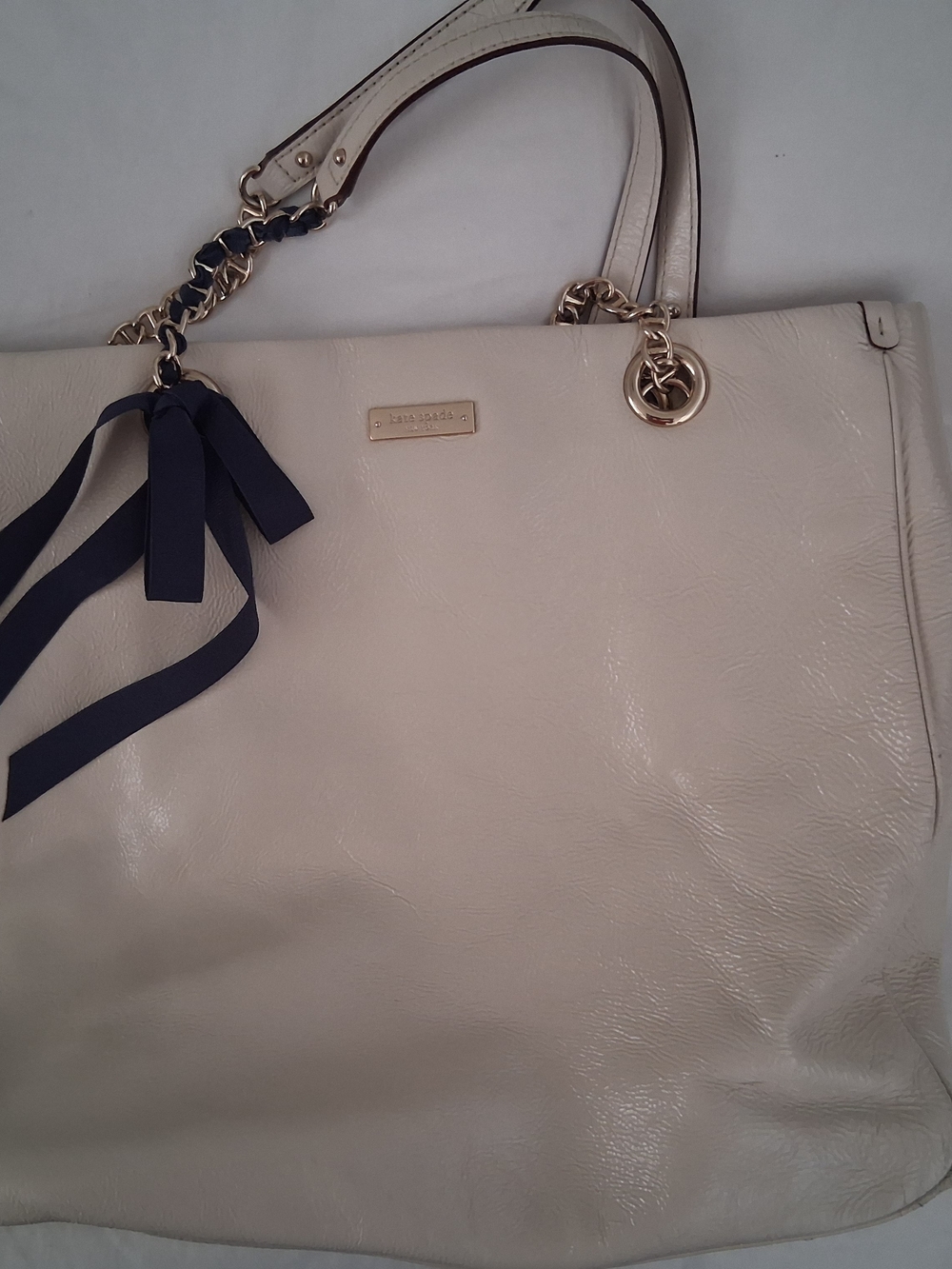 kate spade Cream Tote with Navy Ribbon and Gold Hardware